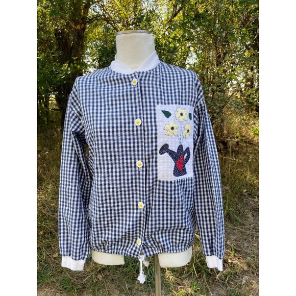 Vintage Gingham Check Seer Sucker Blouse Applique Flowers Daisy Buttons - Picture 12 of 14